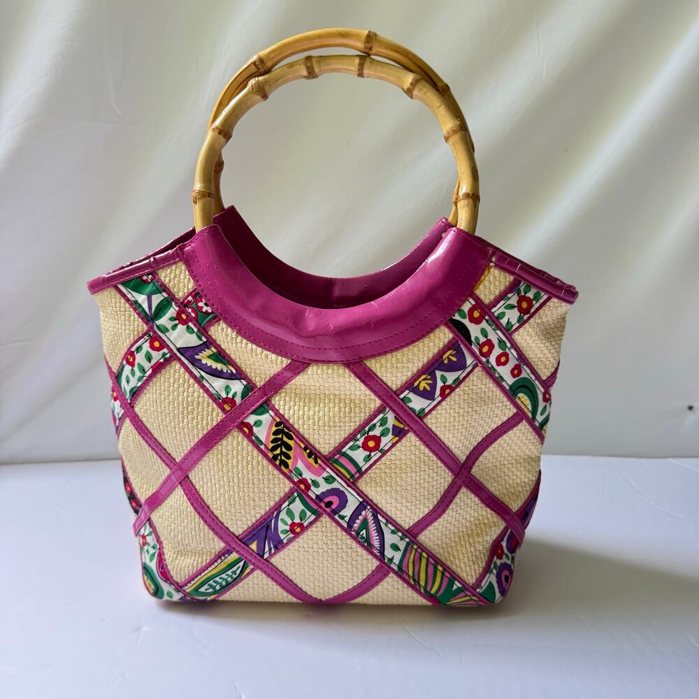 Vera Bradley Viva La Vera Bamboo Handle Straw Purse Medium Tote Handbag Retired
